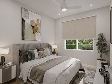 A bedroom with a large bed and a painting on the wall.